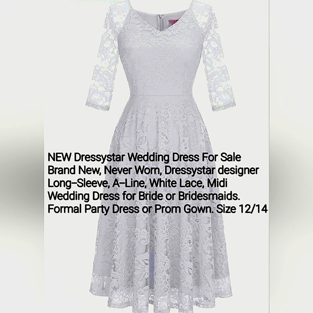 NEW Wedding Dress 3/4 Sleeve A-Line White Lace Midi  Dressystar designer Dress